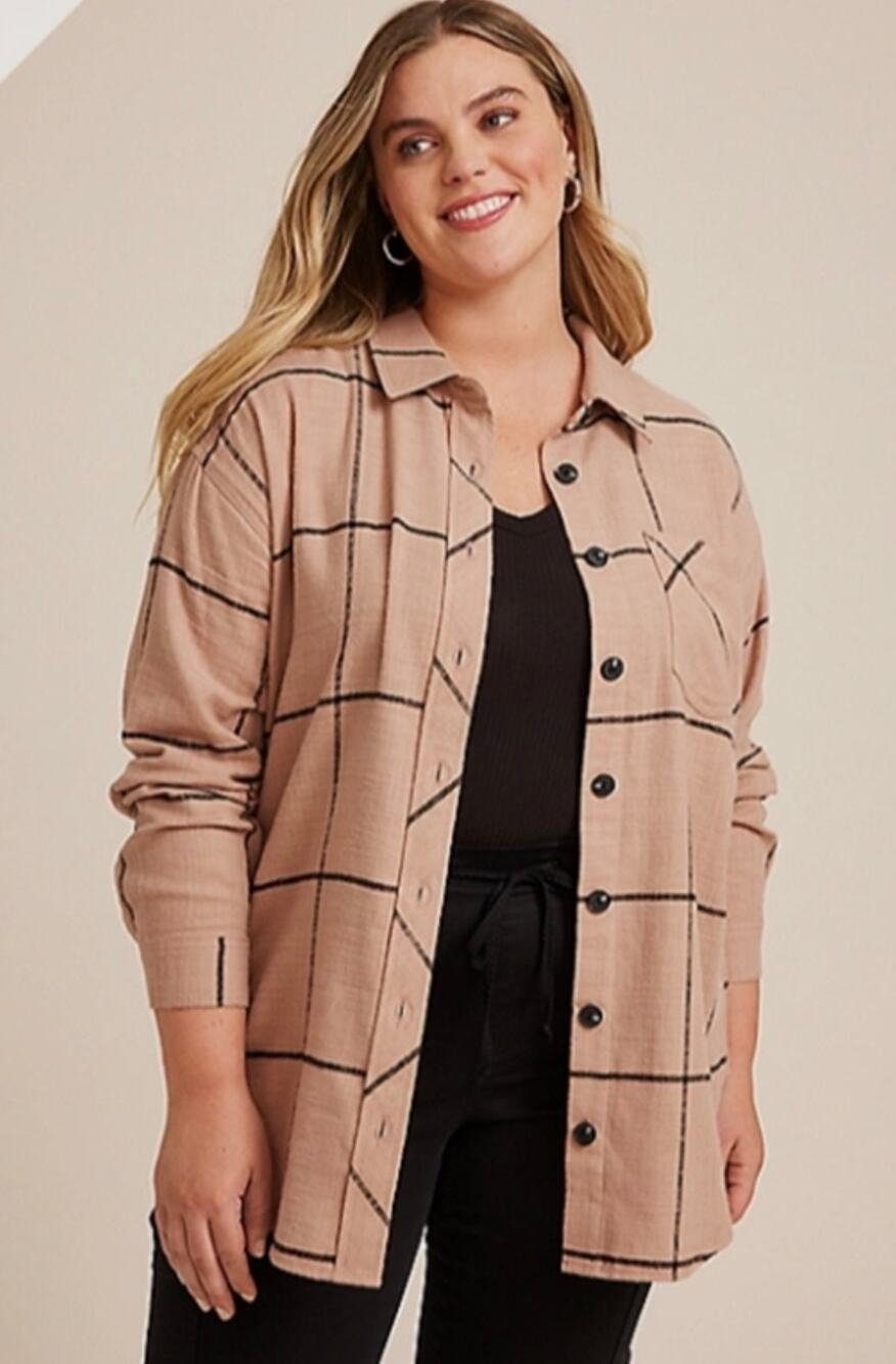 Maurices Cabin Windowpane Boyfriend Button Down 100% Cotton Shirt Tan Plus 3X